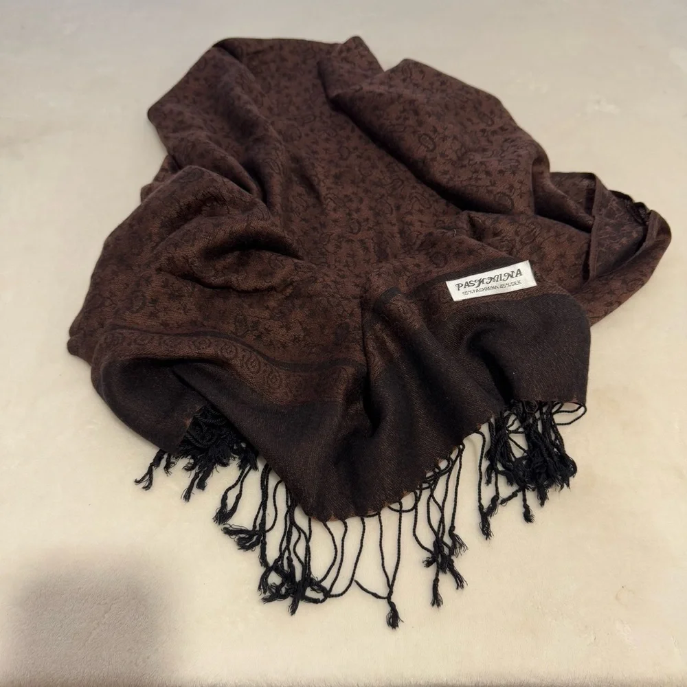 Pashmina Brown Paisley Blanket Scarf/Shawl Silk & Pashmina